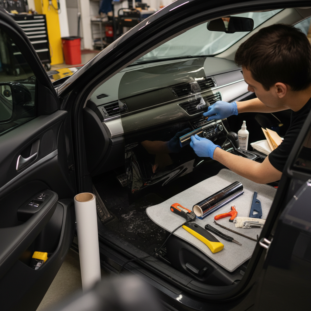 Technician installing window tint film